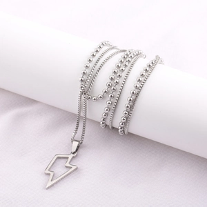 Double-layered hip hop lightning pendant necklace in silver stainless steel for men