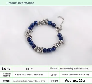 Detailed close-up of blue beaded stainless steel chain bracelet with adjustable tail