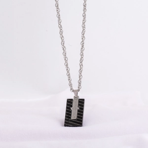 Mens stainless steel necklace with black rectangle pendant and Forever Love engraving