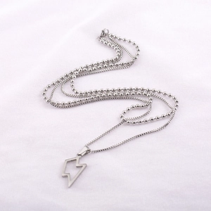 Double-layered silver titanium steel necklace featuring lightning pendant and box chain
