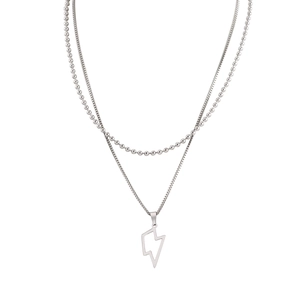 Hip hop style double-layer titanium steel necklace with a hollow lightning pendant charm