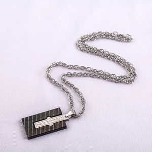 Men's rectangular stainless steel pendant necklace with cross and Forever Love etching