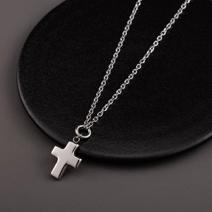 Polished silver 3D hollow cross pendant necklace with 50cm titanium steel chain for men