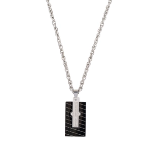 Stainless steel square pendant necklace with black etching and silver cross forever love design