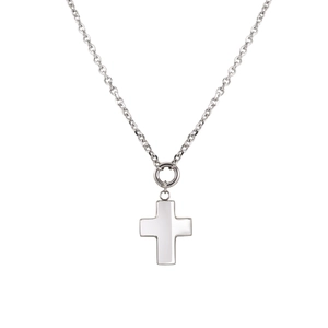 Polished silver hollow cross pendant necklace with classic O-chain on white background