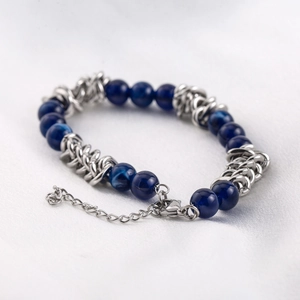 Hip hop style titanium steel chain bracelet with deep blue round beads and lobster clasp