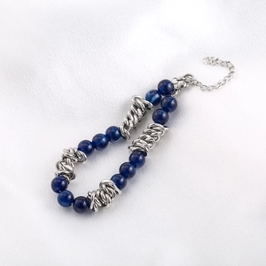 Hip hop titanium steel chain bracelet with blue beads and adjustable lobster clasp