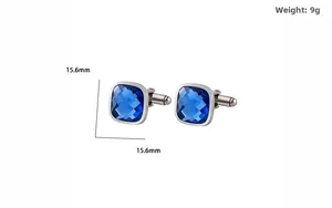 Macro shot of square blue crystal cufflinks with silver stainless steel base, 15.6mm size