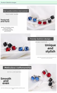 Polished stainless steel square cufflinks featuring vibrant blue, red, and black crystals