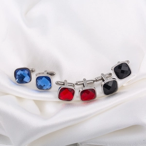 Elegant square stainless steel cufflinks with blue, red, and black crystal stones