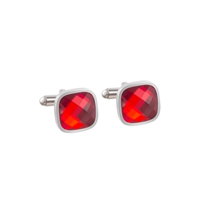 Elegant men's silver stainless steel cufflinks with cushion-cut red square crystals