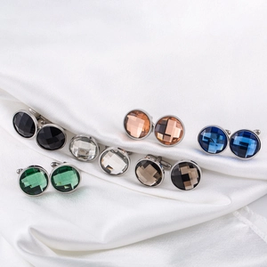 Luxurious 2cm round stainless steel cufflinks with multi-colored faceted gemstones for men
