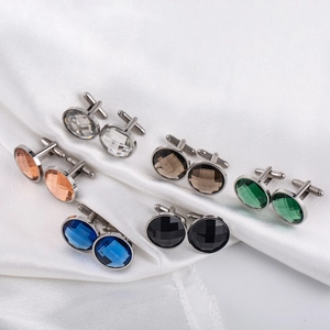 Elegant set of 6 pairs of multicolored crystal stainless steel round cufflinks for men