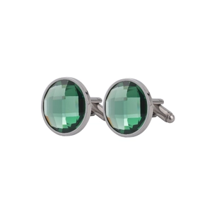 Polished silver stainless steel round cufflinks with dark green crystal for men