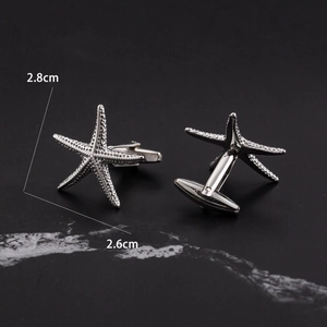 Polished silver starfish cufflinks for men's business shirt with realistic 3D texture