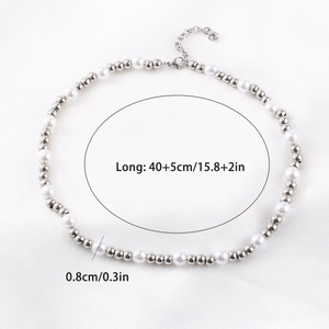 Detail of beaded necklace with 40+5cm length and 0.8cm silver beads and white pearls