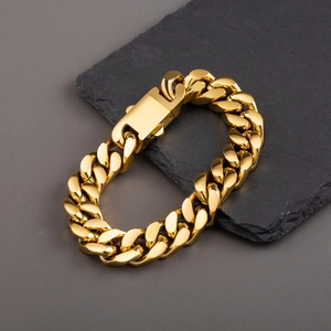 Bracelet Homme Maille Gourmette 13mm en Acier Inoxydable Plaqué Or 18K Poli Miroir Chaîne Hip Hop Miami