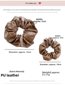 Size chart for brown PU leather scrunchies showing large 13cm and small 10cm diameters