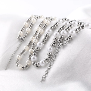 Minimalist stainless steel and faux pearl beaded necklace with lobster clasp for women and men