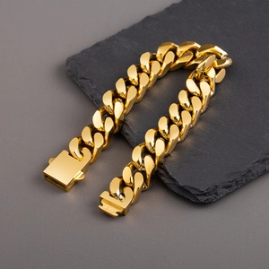 Bracelet gourmette épais pour homme plaqué or 18 carats avec fermoir carré sur pierre