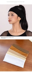 Detail of high-elasticity wide sports headbands in a variety of solid earth tones