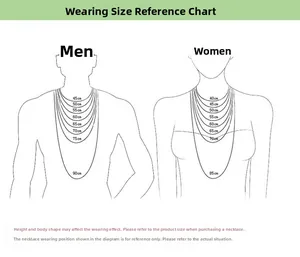 Size chart showing stainless steel necklace length guide for men and women from 40cm to 90cm