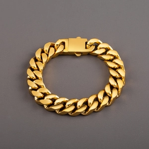 Bracelet gourmette épais pour homme en acier inoxydable doré 18 carats avec fermoir carré