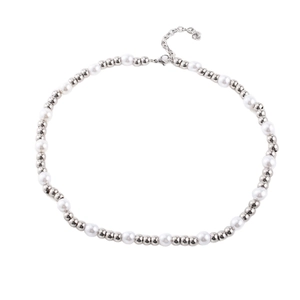 Minimalist stainless steel and faux pearl beaded choker necklace with lobster clasp