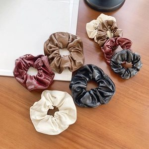 French Vintage PU Leather Pleated Scrunchie High Elasticity Hair Tie Hair Ring For Women Fashion Styling Accessories Large Small