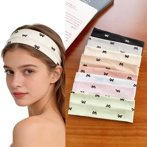 Bandeau Tricoté à Côtes Pour Femmes Avec Imprimé Nœud Papillon Élastique Doux Couleur Macaron Accessoire Cheveux Lavage Visage
