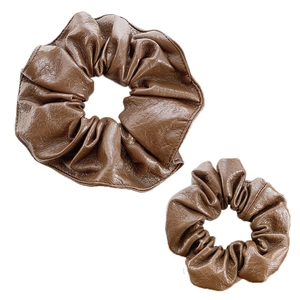 French vintage dark brown PU leather scrunchies set with a classic pleated texture design