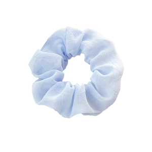 Elastic light blue floral scrunchie with soft crinkled chiffon fabric for women