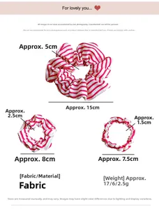 Size chart showing red and white striped fabric scrunchies in three different dimensions