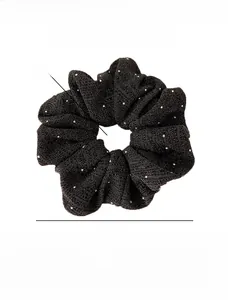 Detail showing dimensions of the black oversized scrunchie with silver rhinestone decor