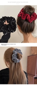 Detail of velvet scrunchies with shiny silver sequins in black, burgundy and grey colors