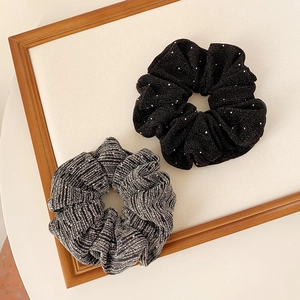 Elegant black rhinestone and grey tweed scrunchie set with high elasticity and soft texture