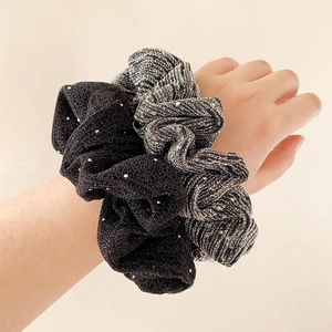 Sparkly black and grey scrunchie set with white beads and metallic silk fabric