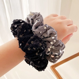 Elegant velvet scrunchies with silver sequins in black and grey for women's hair