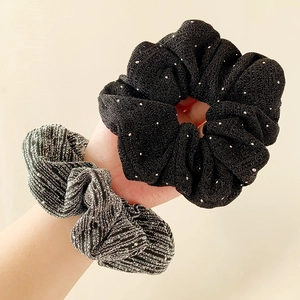 Elegant black and silver glitter scrunchie set with metallic knit texture and high elasticity