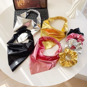 Metallic PU Leather Scrunchie And Triangle Bandana Headband For Women Cyberpunk Style Shiny Hair Accessories Party Headpiece