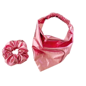 Metallic pink faux leather scrunchie and triangle headband hair accessory set for women