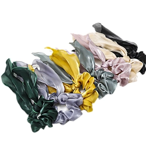 Elegant multicolored satin scrunchie set with long ribbons in silky smooth fabric