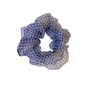 French style blue and white gingham organza scrunchie with high elastic fabric