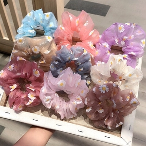 Women Sweet Organza Daisy Floral Printed Scrunchies Fresh Forest Style Elastic Hair Band Semi Transparent Scrunchie Hair Ties Jewelry