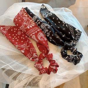 French style paisley silk scrunchies with long ribbons in red and black colors