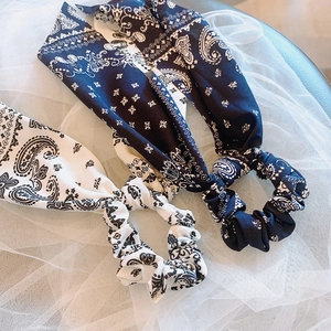 French style paisley silk hair scrunchies with long ribbons in black and white
