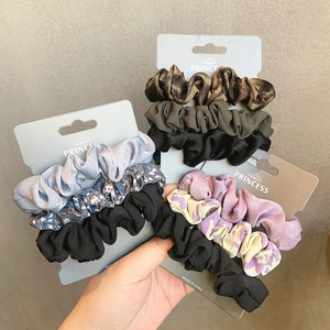 French style silk satin scrunchie set featuring leopard print and floral patterns