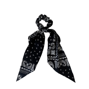 French style black and white paisley print hair scrunchie with long fabric ribbons
