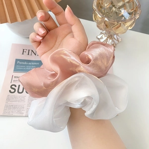 Oversized champagne and white organza scrunchies with pearlescent shimmer for hair