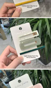 Set di tre fermagli per capelli in resina colorata in varie forme su cartoncino